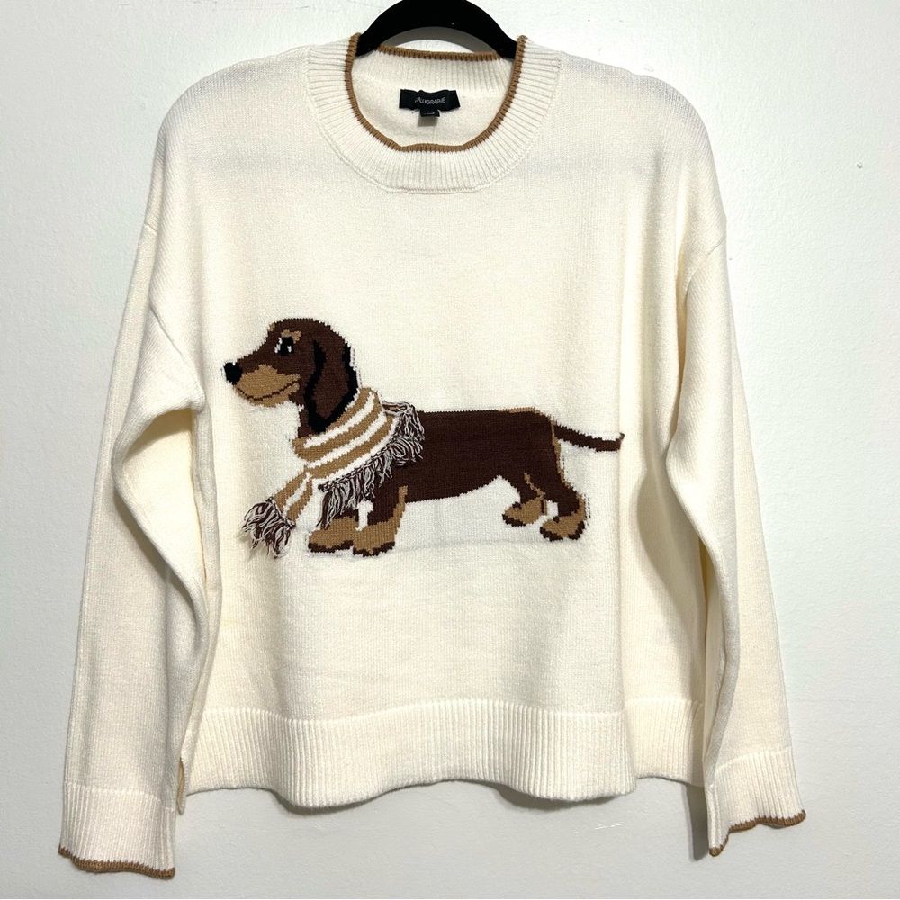 Anthropologie Dachshund Dog 3D Embroidery Novelty Art Beige Knit Sweater NEW L - Picture 9 of 9